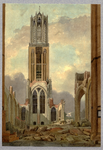 31025 Gezicht op de Domtoren en het ingestorte schip van de Domkerk (Domplein) te Utrecht, na de orkaan (storm) van 1 ...